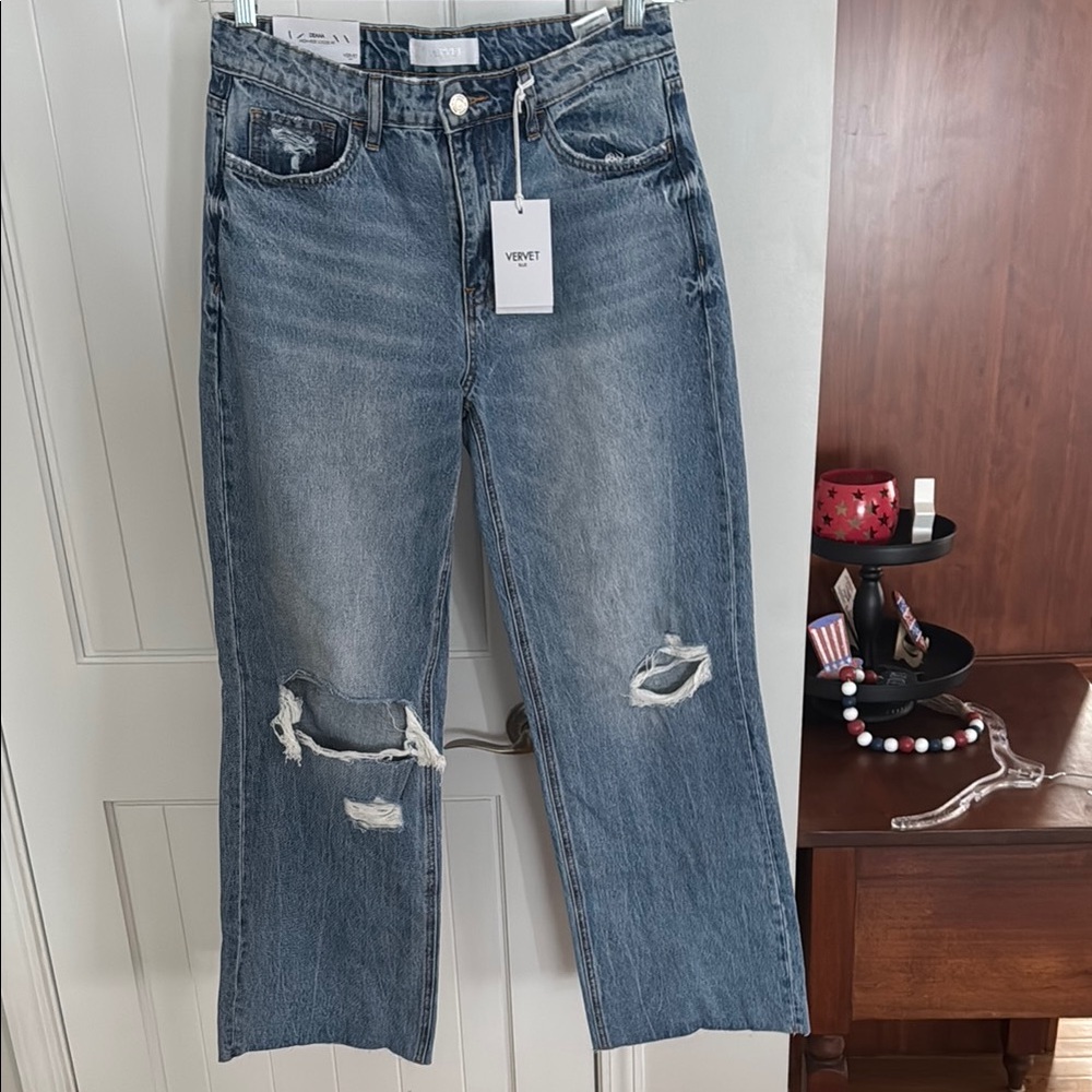 Blue Straight Leg Jeans with Distressed Details